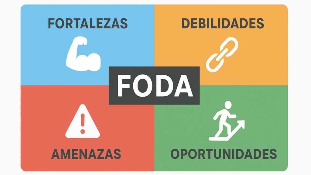 Gráfica conceptual del análisis DAFO/FODA mostrando fortalezas, debilidades, oportunidades y amenazas.